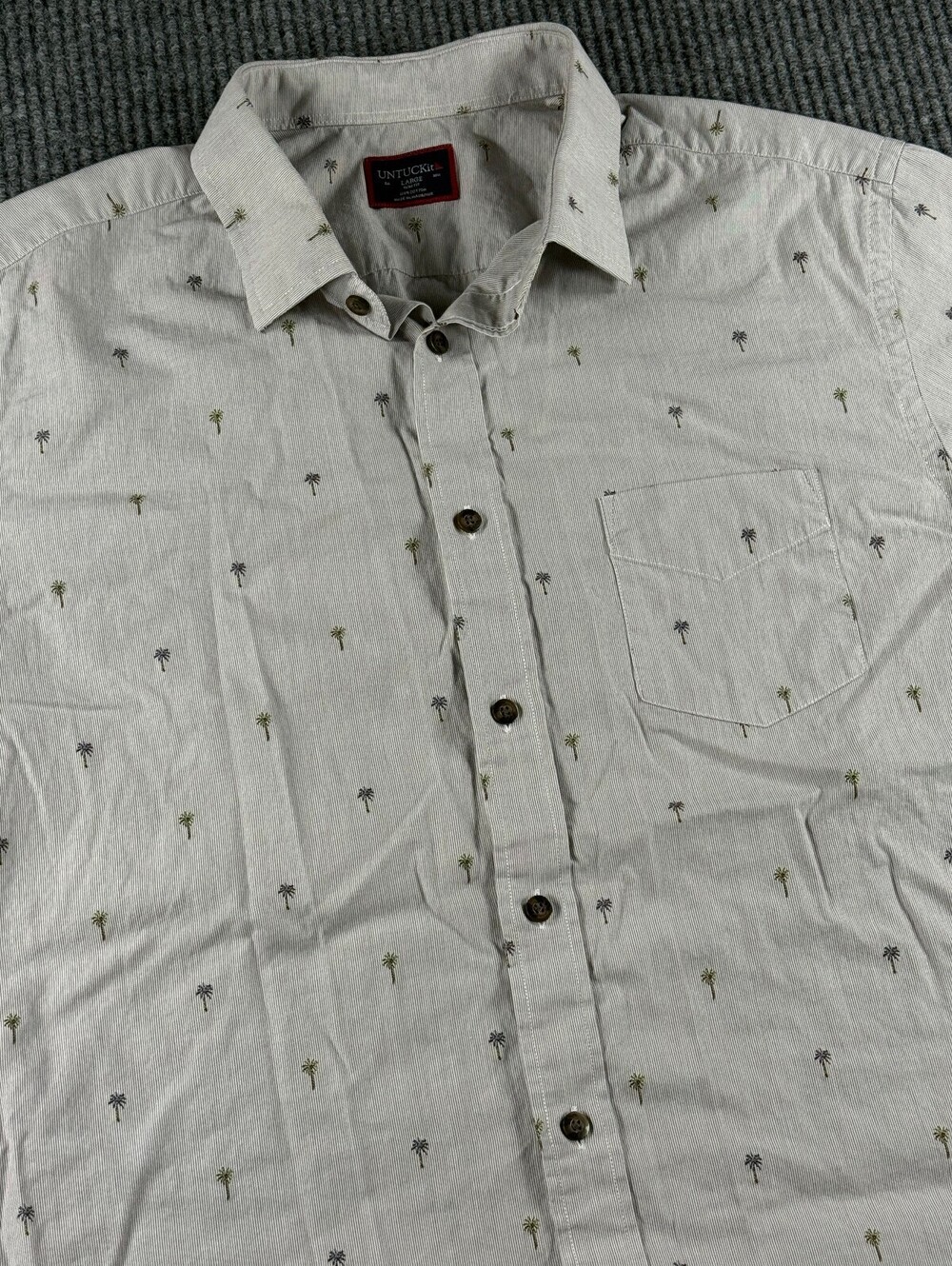 UNTUCKit Button Up Mens L Slim Fit Short Sleeve Embroiderd Palms Tan Pinstripe